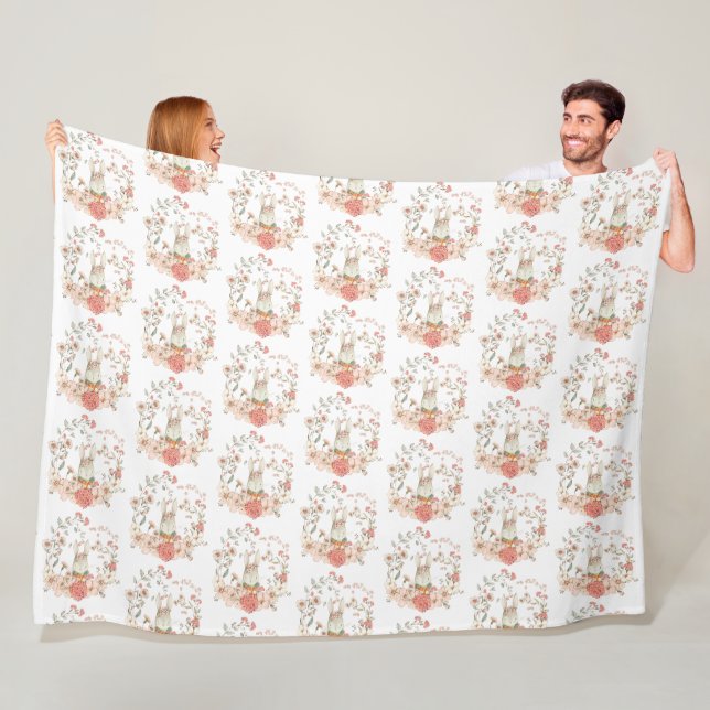 Cute Bunny Foliage Pattern Baby Girl Nursery Fleece Blanket (In Situ)