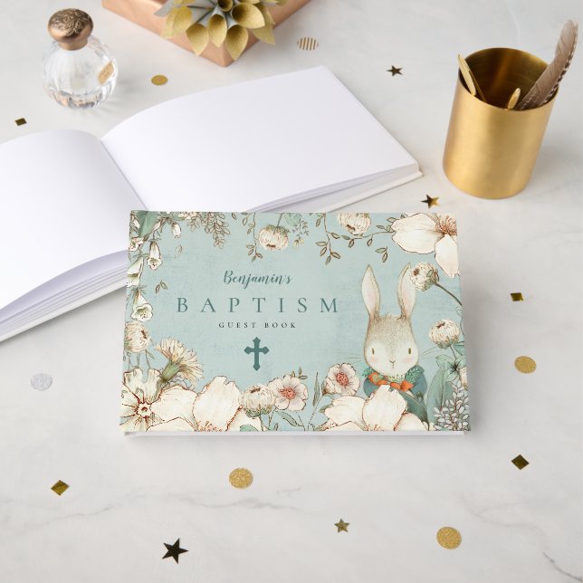 Cute Bunny Foliage Powder Blue Baptism Guest Book (Front Open)