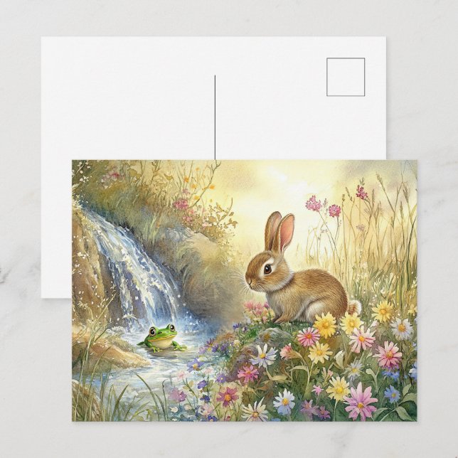 Cute Bunny Frog Waterfall Postcard Spring Woodland (Front/Back)