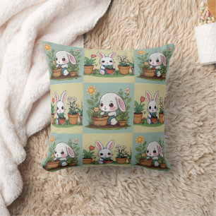 Cute Bunny Gardening Print Throw Pillow