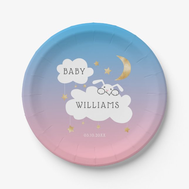 Cute Bunny Gender Reveal Party Pink Blue Gold Paper Plate (Front)