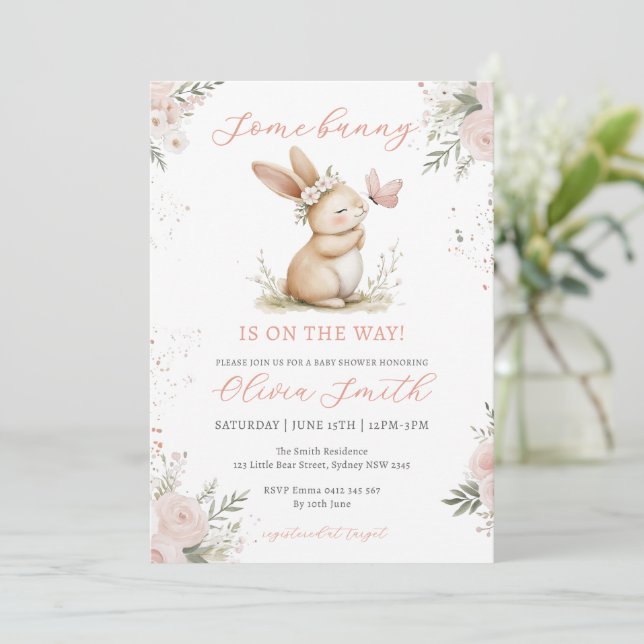 Cute Bunny Girl Baby Shower Invitation (Standing Front)
