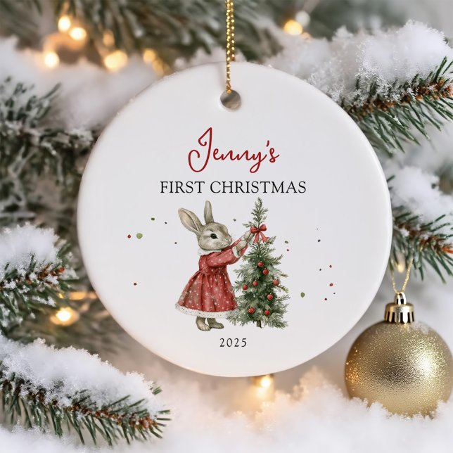 Cute Bunny Girl Baby's First Christmas Ceramic Ornament (Creator Uploaded)