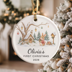 Cute Bunny Girl Baby's First Christmas Ceramic Ornament