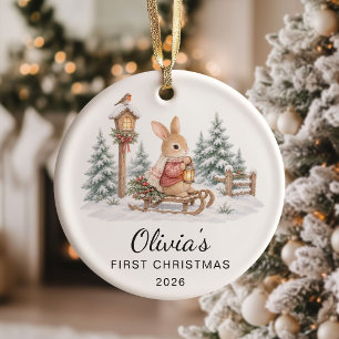 Cute Bunny Girl Baby's First Christmas Ceramic Ornament