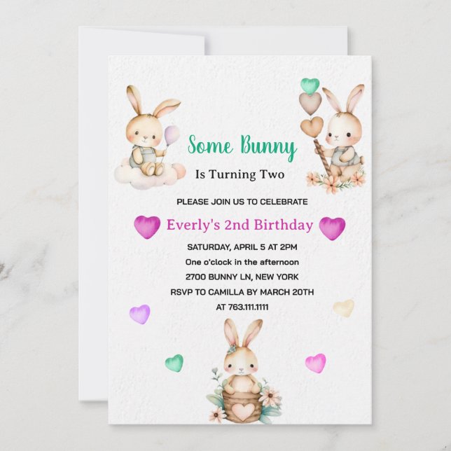 Cute Bunny Girl Birthday Party  Invitation (Front)
