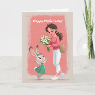 Cute Bunny Girl Giving Mother's Day Flowers to Mom Card