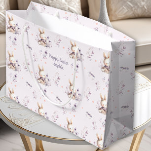 Cute Bunny Girl Personalized Name Purple Easter Large Gift Bag