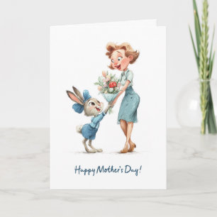 Cute Bunny Giving Mom Flowers Happy Mother’s Day Card