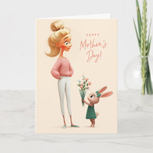 Cute Bunny Giving Mother's Day Flowers to Mom Card