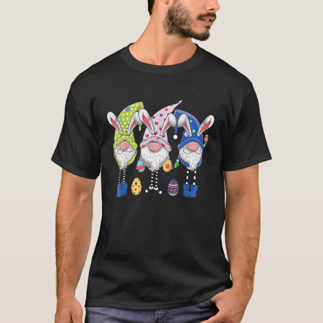 Cute Bunny Gnomes Rabbit Eggs Hunting Happy Easter T-Shirt (Front)