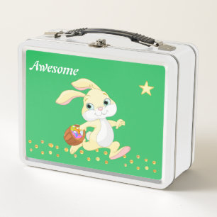 Cute bunny, gold confetti and star on green metal lunch box