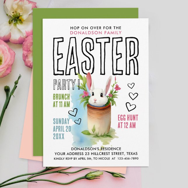 Cute Bunny Green Pink Easter Egg Hunt Watercolor Invitation (Creator Uploaded)