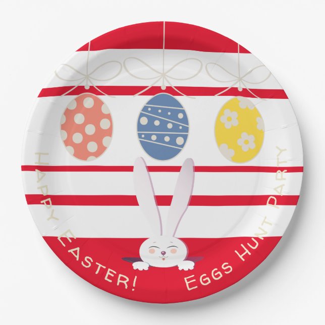 Cute Bunny Happy Easter Eggs Hunt Party Spring Paper Plate (Front)