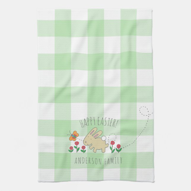 Cute Bunny Happy Easter Pink Flowers Green Plaid Kitchen Towel (Vertical)