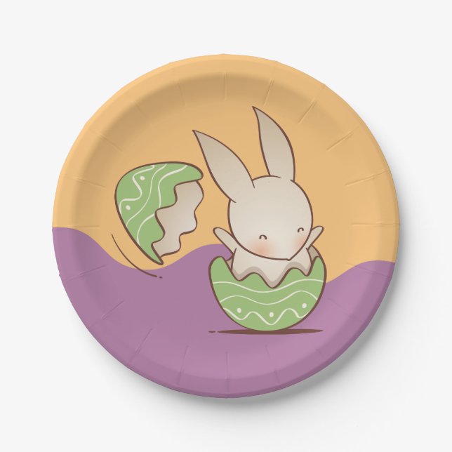 Cute Bunny hatching, Green Easter Egg Paper Plate (Front)