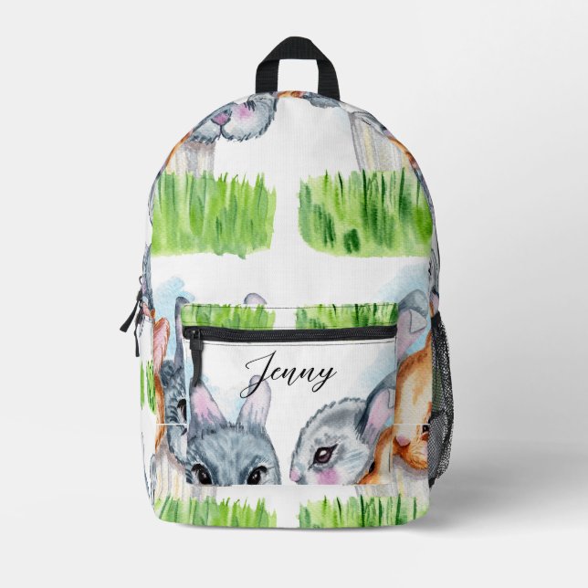Cute Bunny Heads Spring Green Grass Personalized Printed Backpack (Front)