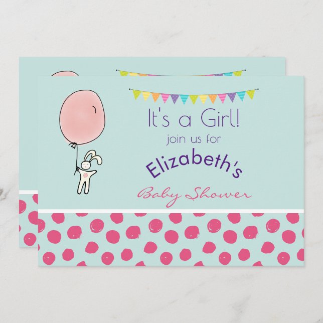 Cute Bunny Holding a Balloon Baby Shower Invite (Front/Back)