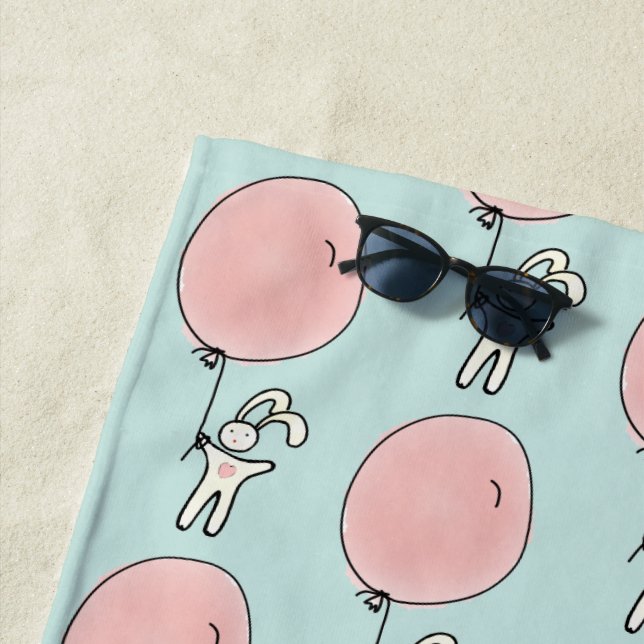 Cute Bunny Holding a Balloon Beach Towel (In Situ)