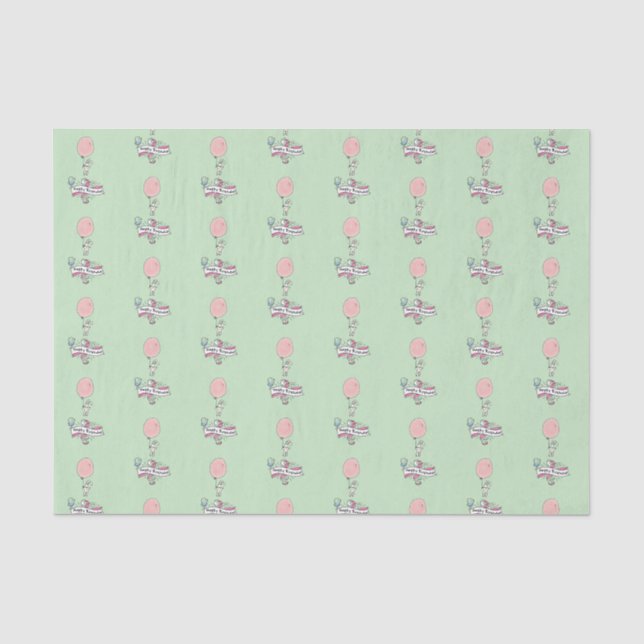 Cute Bunny Holding a Balloon Happy Birthday Tissue Paper (Front)