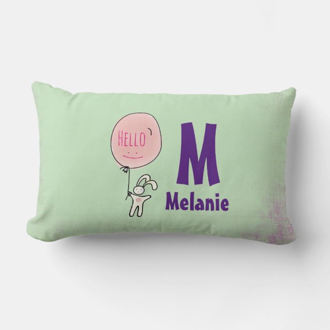Cute Bunny Holding a Balloon Hello Goodbye Lumbar Pillow (Front)