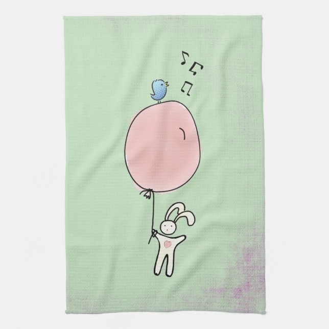 Cute Bunny Holding a Balloon Kitchen Towel (Vertical)