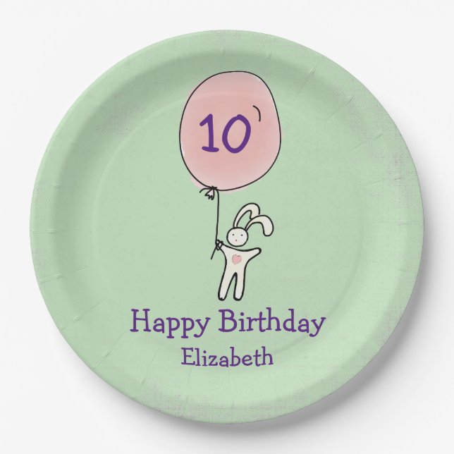 Cute Bunny Holding a Balloon Paper Plate (Front)