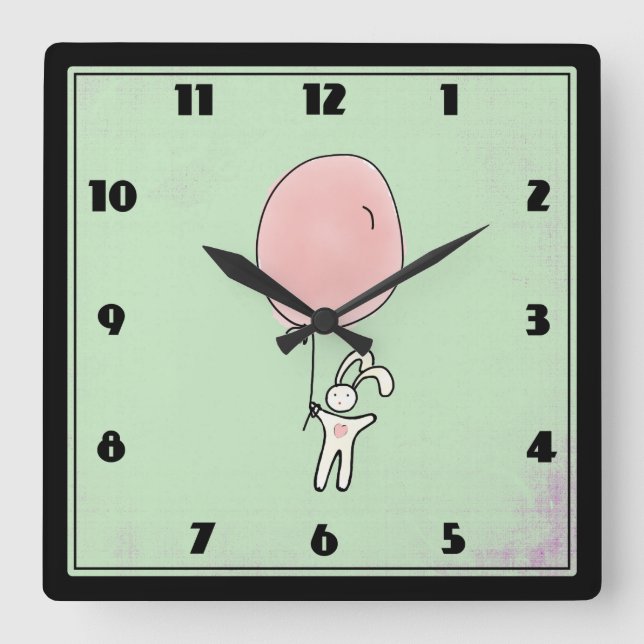 Cute Bunny Holding a Balloon Square Wall Clock (Front)