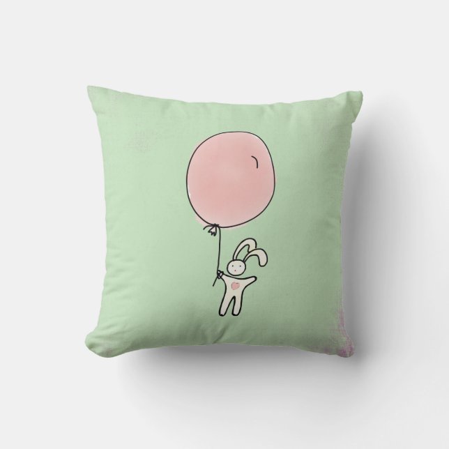 Cute Bunny Holding a Balloon Throw Pillow (Front)