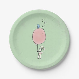 Cute Bunny Holding a Balloon with a Bird on Top Paper Plate