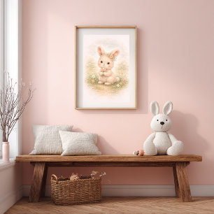 Cute Bunny Holding A Flower Neutral Kids Room Poster