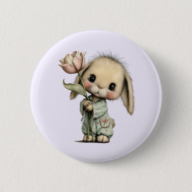 Cute Bunny Holding a Tulip 2 Inch Round Button (Front)