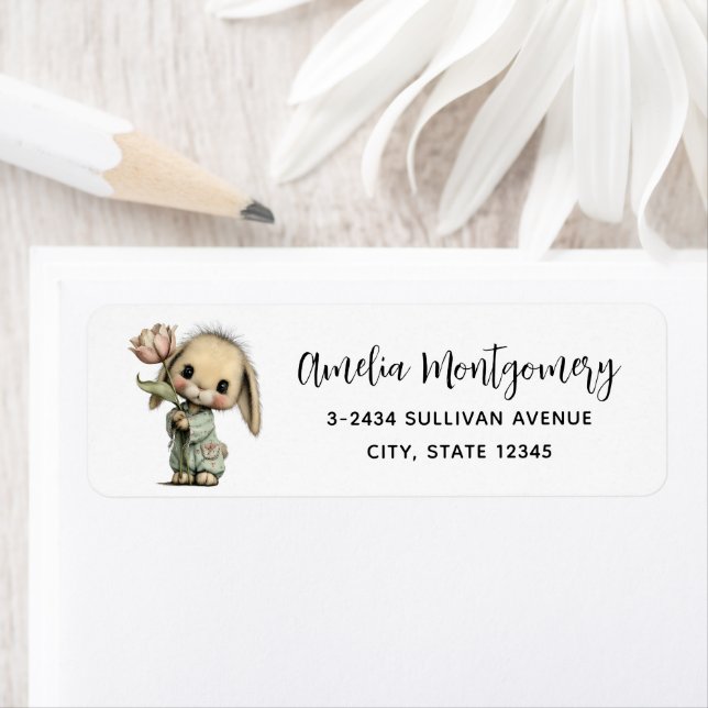 Cute Bunny Holding a Tulip Address (Insitu)