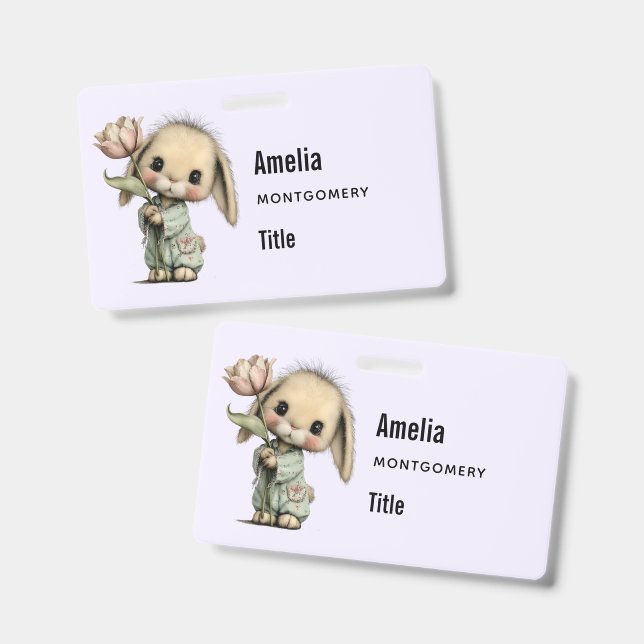 Cute Bunny Holding a Tulip Badge (Front & Back)