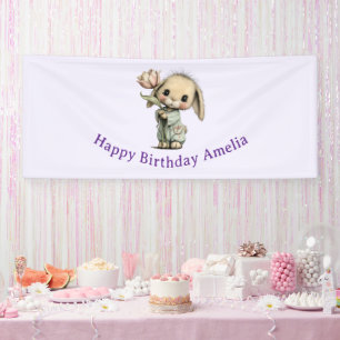 Cute Bunny Holding a Tulip Birthday Banner