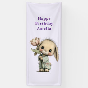 Cute Bunny Holding a Tulip Birthday Banner