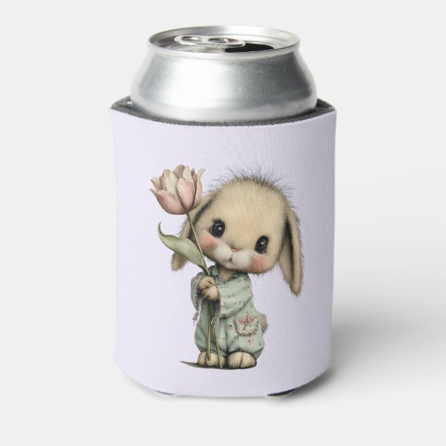 Cute Bunny Holding a Tulip Can Cooler (Can Back)