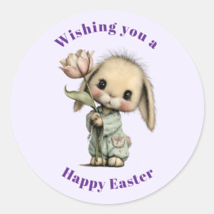 Cute Bunny Holding a Tulip Easter Classic Round Sticker
