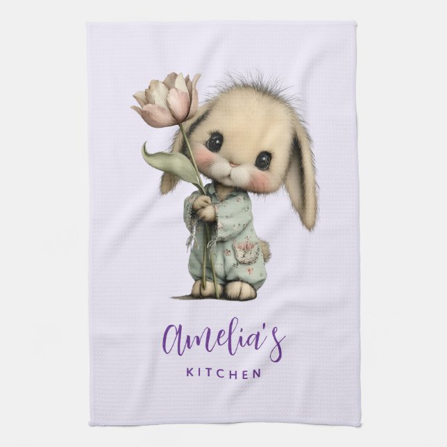 Cute Bunny Holding a Tulip Kitchen Towel (Vertical)