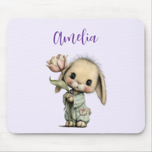 Cute Bunny Holding a Tulip Mouse Pad