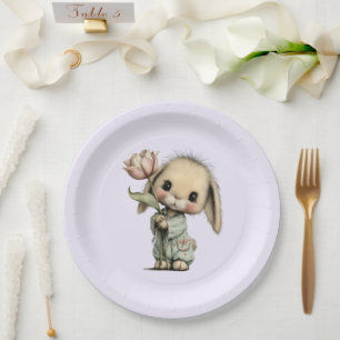 Cute Bunny Holding a Tulip Paper Plate