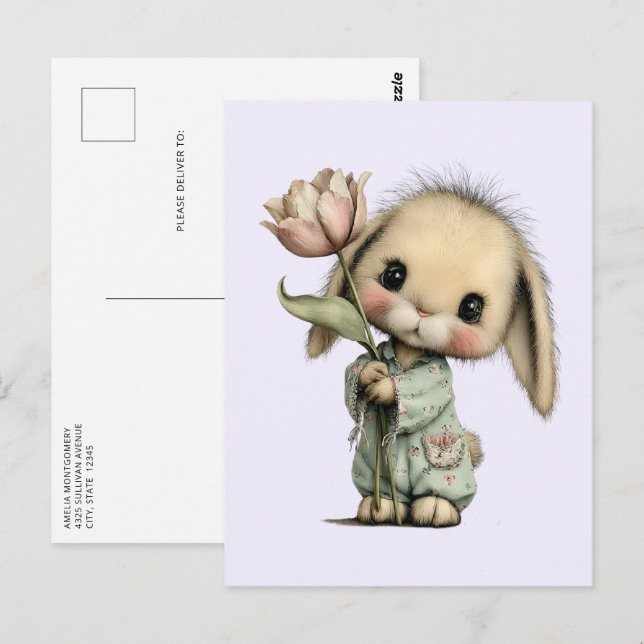 Cute Bunny Holding a Tulip Postcard (Front/Back)