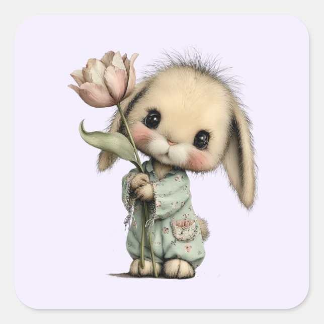 Cute Bunny Holding a Tulip Square Sticker (Front)