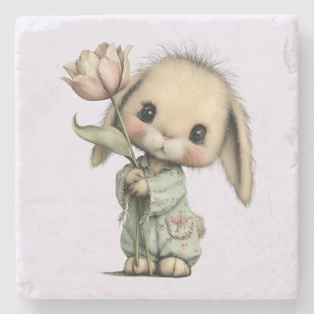 Cute Bunny Holding a Tulip Stone Coaster (Front)