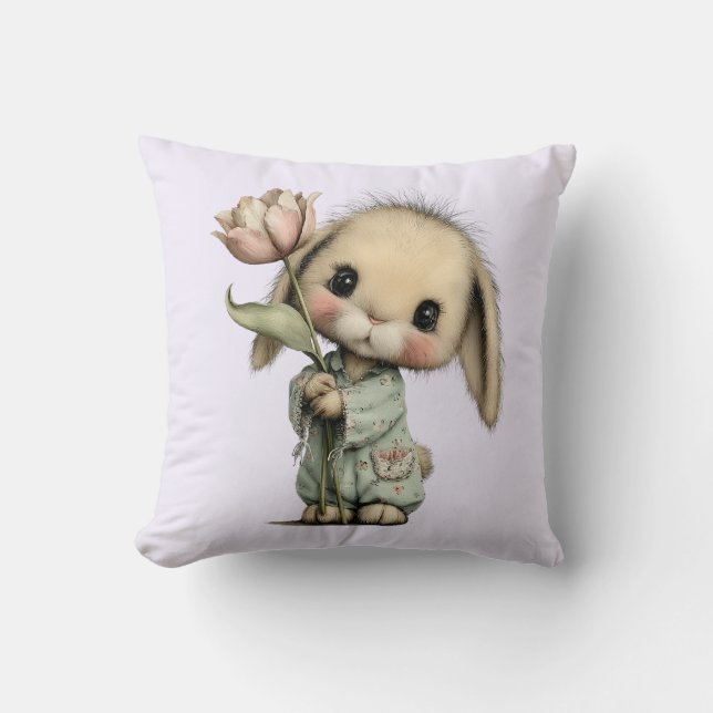 Cute Bunny Holding a Tulip Throw Pillow (Front)