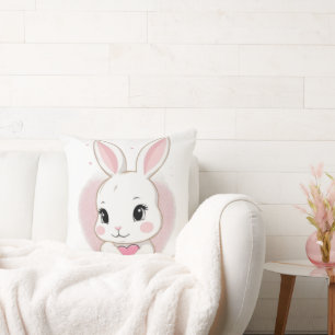 Cute Bunny Holding Heart   Romantic Design Throw Pillow