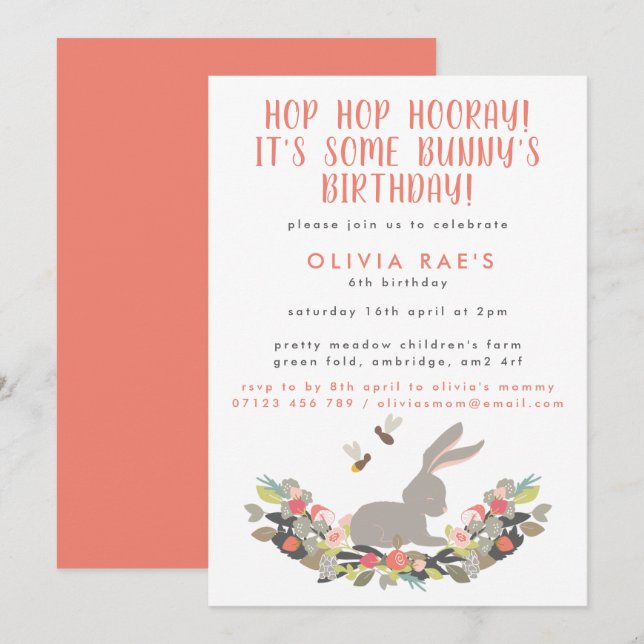 Cute Bunny Hop Hop Hooray Kids Birthday Invitation (Front/Back)