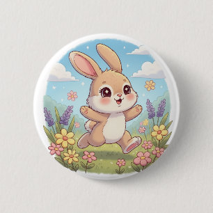 Cute Bunny Hopping in a Flower Field 2 Inch Round Button