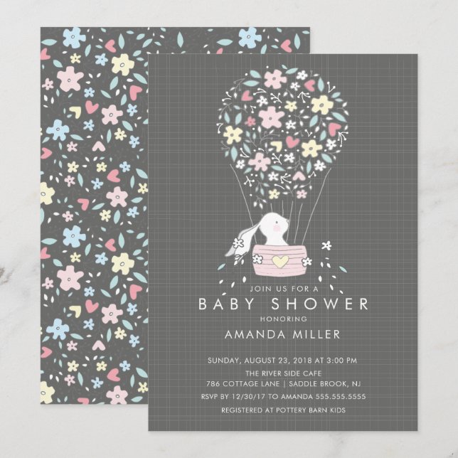 Cute Bunny Hot Air Balloon Baby Shower Invitation (Front/Back)