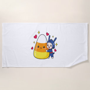 Cute Bunny Hugging Candy Corn Beach Towel